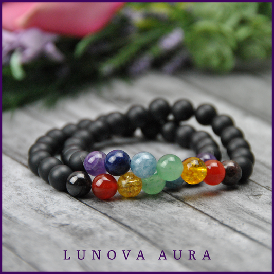 Chakra & Matte Black Obsidian Gemstone Bracelet